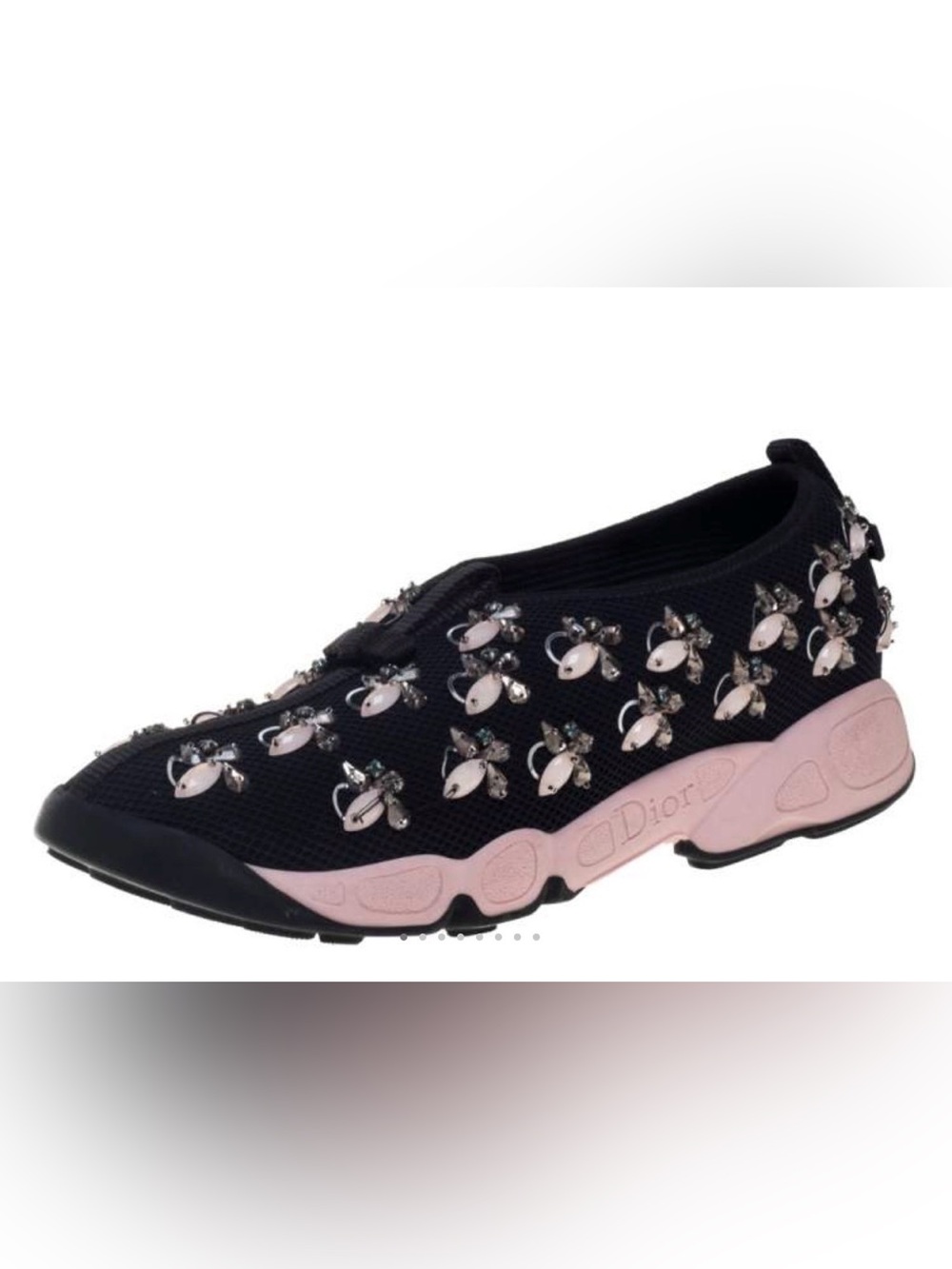 Dior black sneakers embellished with floral crystal details on pink rubber sole